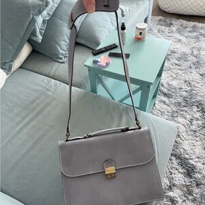 Elegant Gray Leather Handbag Fits Laptop